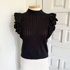 Who What Wear Black Open Knit Sweater Top Ruffle Sleeves Button Back Size Small